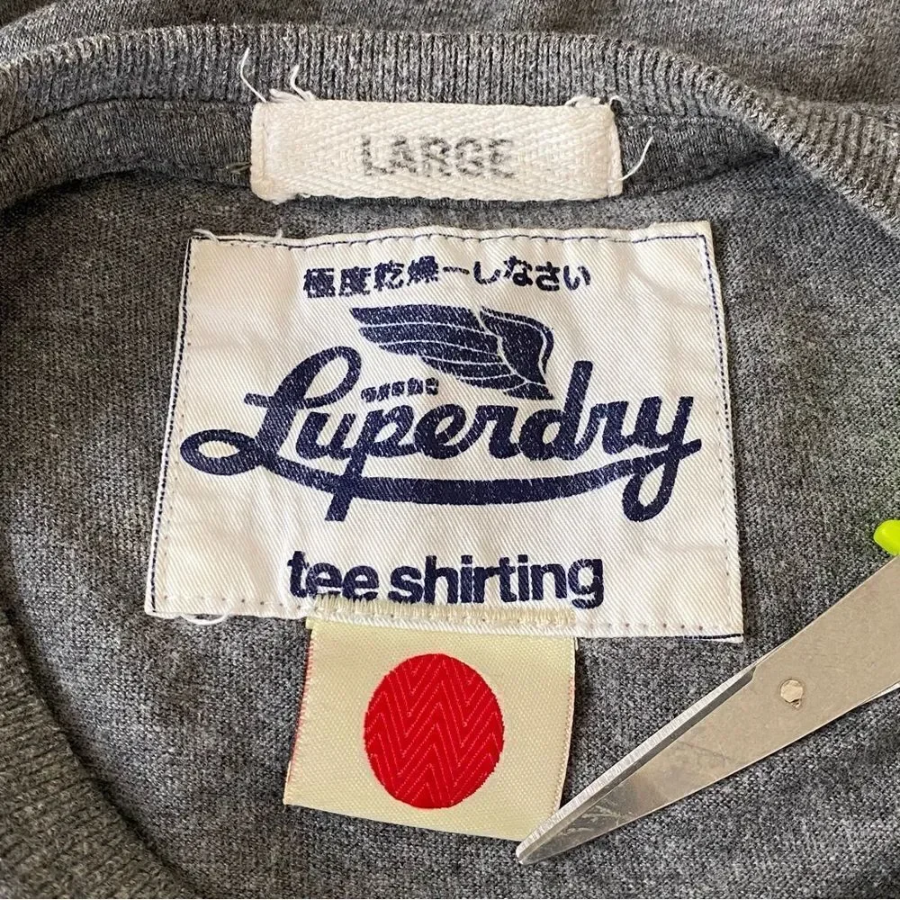 Superdry Japan Spirit British Style Heather Gray Letterman Style T-Sirt Sz L